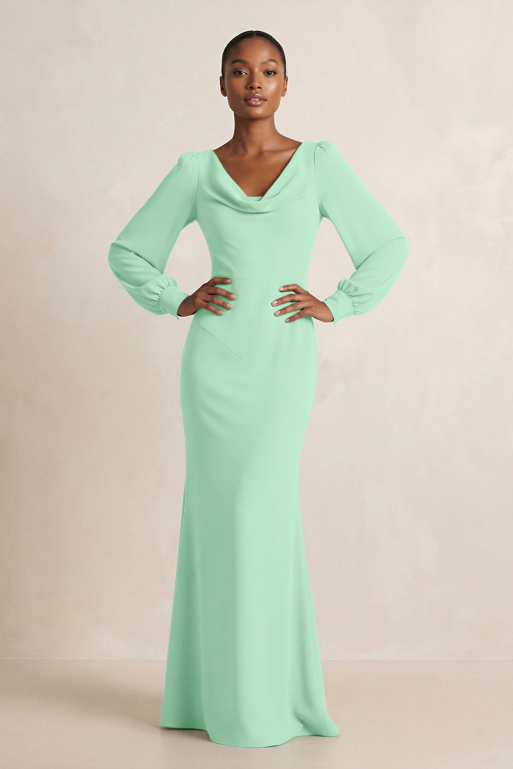 Long Sleeve V-Neck Sheath Chiffon Bridesmaid Dress in Pale Pistachio