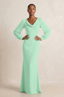 Long Sleeve V-Neck Sheath Chiffon Bridesmaid Dress in Pale Pistachio | KISSBRIDAL