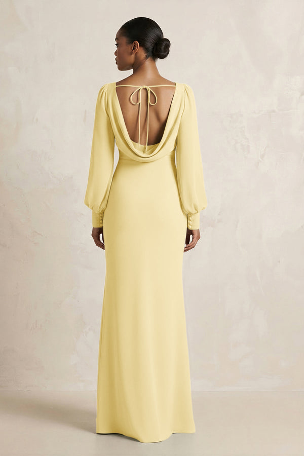Long Sleeve V - Neck Sheath Chiffon Bridesmaid Dress in Pastel Yellow - SHE IS ME Bridesmaid Dresses