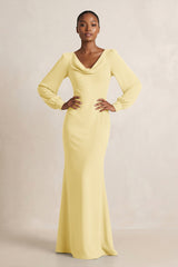 Long Sleeve V - Neck Sheath Chiffon Bridesmaid Dress in Pastel Yellow - KISS BRIDAL Bridesmaid Dresses