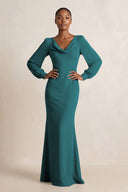 Long Sleeve V - Neck Sheath Chiffon Bridesmaid Dress in Pine - SHE IS ME Bridesmaid Dresses