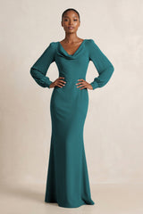 Long Sleeve V - Neck Sheath Chiffon Bridesmaid Dress in Pine - KISS BRIDAL Bridesmaid Dresses