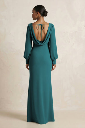 Long Sleeve V - Neck Sheath Chiffon Bridesmaid Dress in Pine - SHE IS ME Bridesmaid Dresses