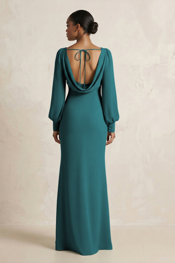 Long Sleeve V - Neck Sheath Chiffon Bridesmaid Dress in Pine - SHE IS ME Bridesmaid Dresses