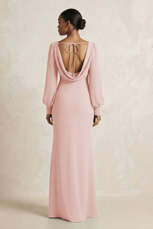 Long Sleeve V-Neck Sheath Chiffon Bridesmaid Dress in Rose Petal (2) | KISSBRIDAL