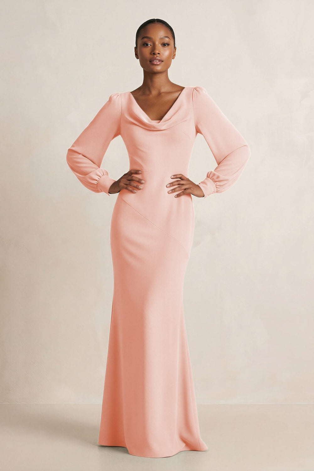 Long Sleeve V - Neck Sheath Chiffon Bridesmaid Dress in Rose Petal - KISS BRIDAL Bridesmaid Dresses