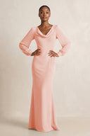 Long Sleeve V - Neck Sheath Chiffon Bridesmaid Dress in Rose Petal - SHE IS ME Bridesmaid Dresses