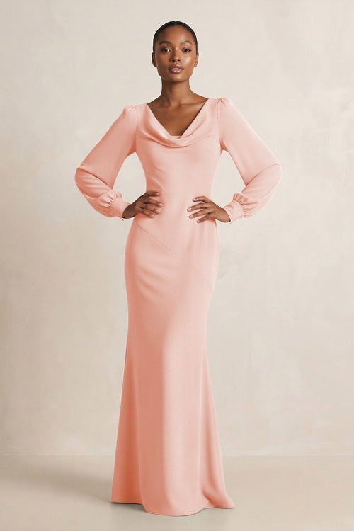 Long Sleeve V - Neck Sheath Chiffon Bridesmaid Dress in Rose Petal - SHE IS ME Bridesmaid Dresses