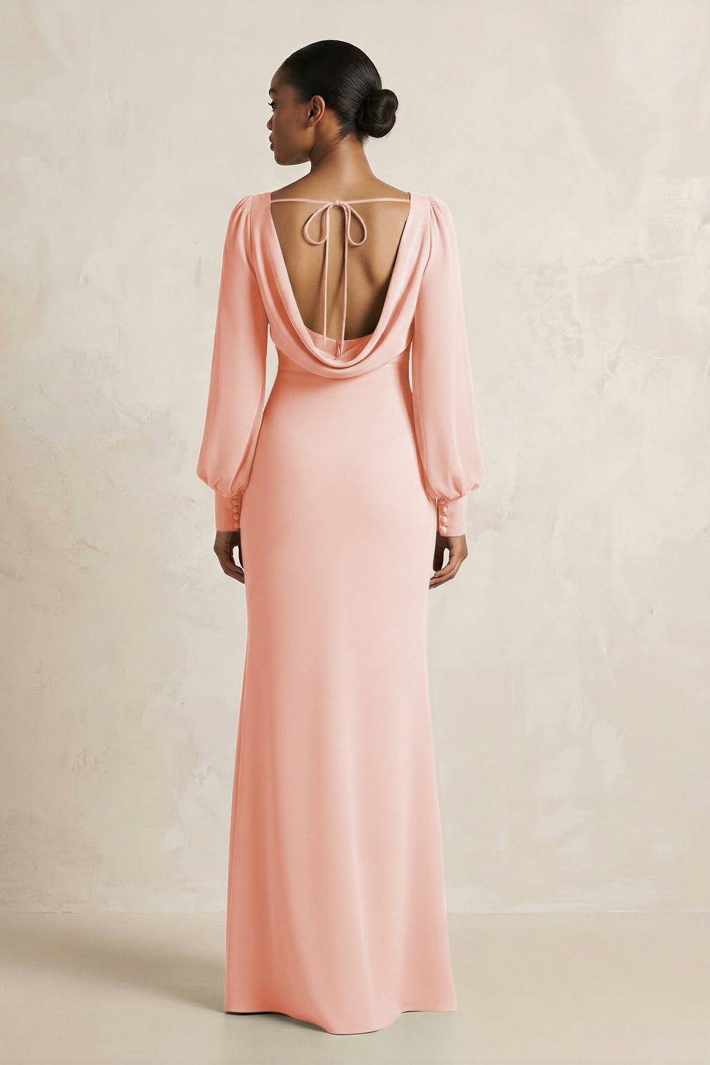 Long Sleeve V - Neck Sheath Chiffon Bridesmaid Dress in Rose Petal - KISS BRIDAL Bridesmaid Dresses