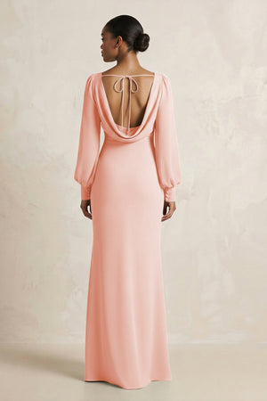 Long Sleeve V - Neck Sheath Chiffon Bridesmaid Dress in Rose Petal - SHE IS ME Bridesmaid Dresses