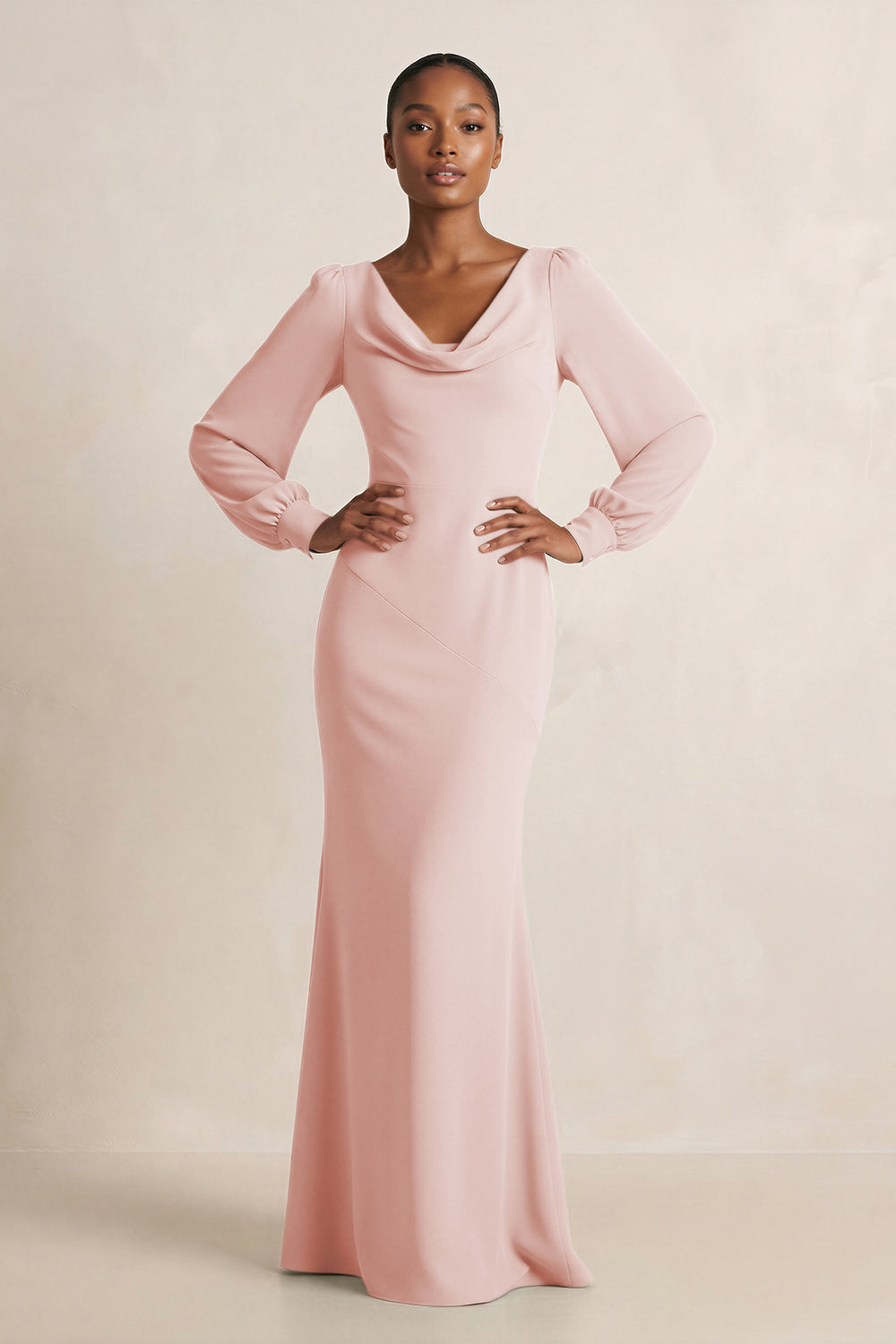 Long Sleeve V-Neck Sheath Chiffon Bridesmaid Dress in Rose Petal