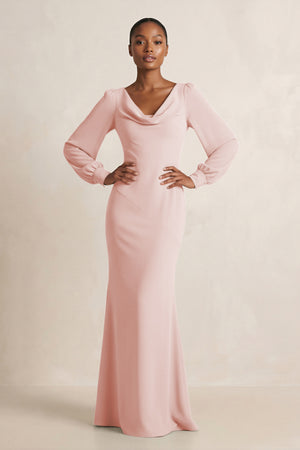 Long Sleeve V-Neck Sheath Chiffon Bridesmaid Dress in Rose Petal | KISSBRIDAL