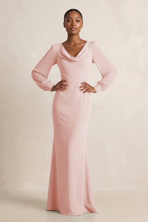 Long Sleeve V-Neck Sheath Chiffon Bridesmaid Dress in Rose Petal | KISSBRIDAL