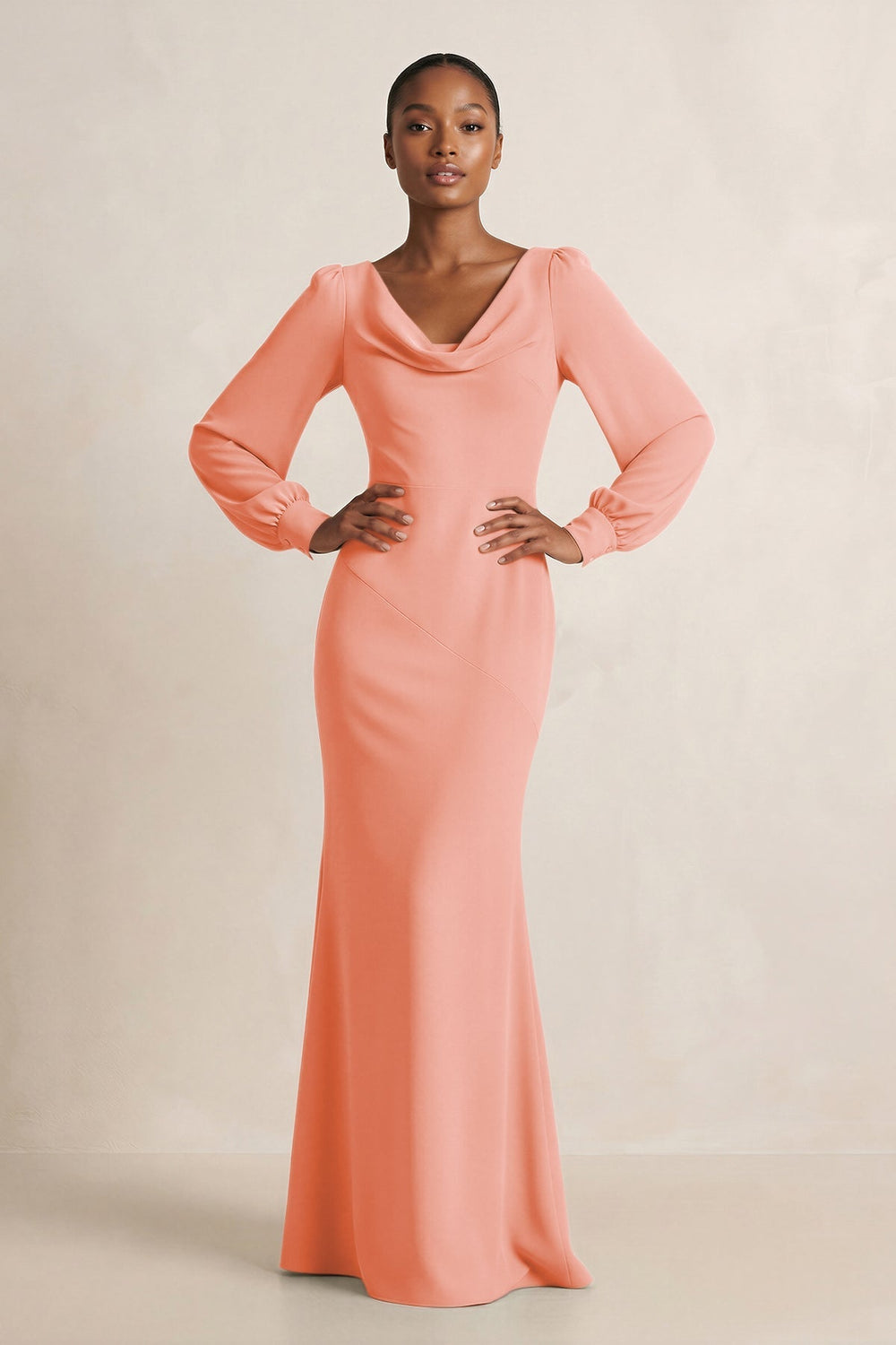 Long Sleeve V - Neck Sheath Chiffon Bridesmaid Dress in Rosette - KISS BRIDAL Bridesmaid Dresses