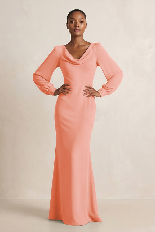 Long Sleeve V - Neck Sheath Chiffon Bridesmaid Dress in Rosette - SHE IS ME Bridesmaid Dresses