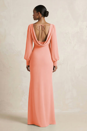Long Sleeve V - Neck Sheath Chiffon Bridesmaid Dress in Rosette - SHE IS ME Bridesmaid Dresses