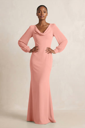Long Sleeve V-Neck Sheath Chiffon Bridesmaid Dress in Rosette | KISSBRIDAL