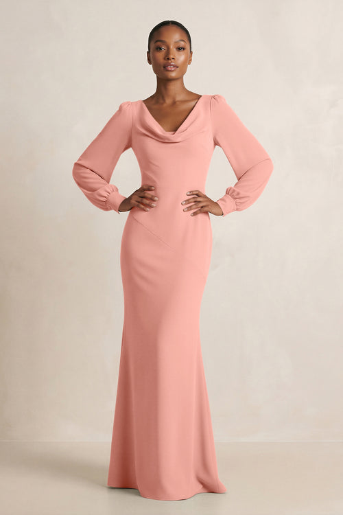 Long Sleeve V-Neck Sheath Chiffon Bridesmaid Dress in Rosette | KISSBRIDAL
