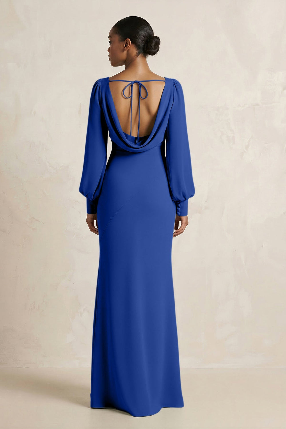 Long Sleeve V - Neck Sheath Chiffon Bridesmaid Dress in Royal Blue - KISS BRIDAL Bridesmaid Dresses