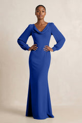 Long Sleeve V - Neck Sheath Chiffon Bridesmaid Dress in Royal Blue - KISS BRIDAL Bridesmaid Dresses