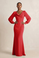 Long Sleeve V - Neck Sheath Chiffon Bridesmaid Dress in Ruby Red - KISS BRIDAL Bridesmaid Dresses
