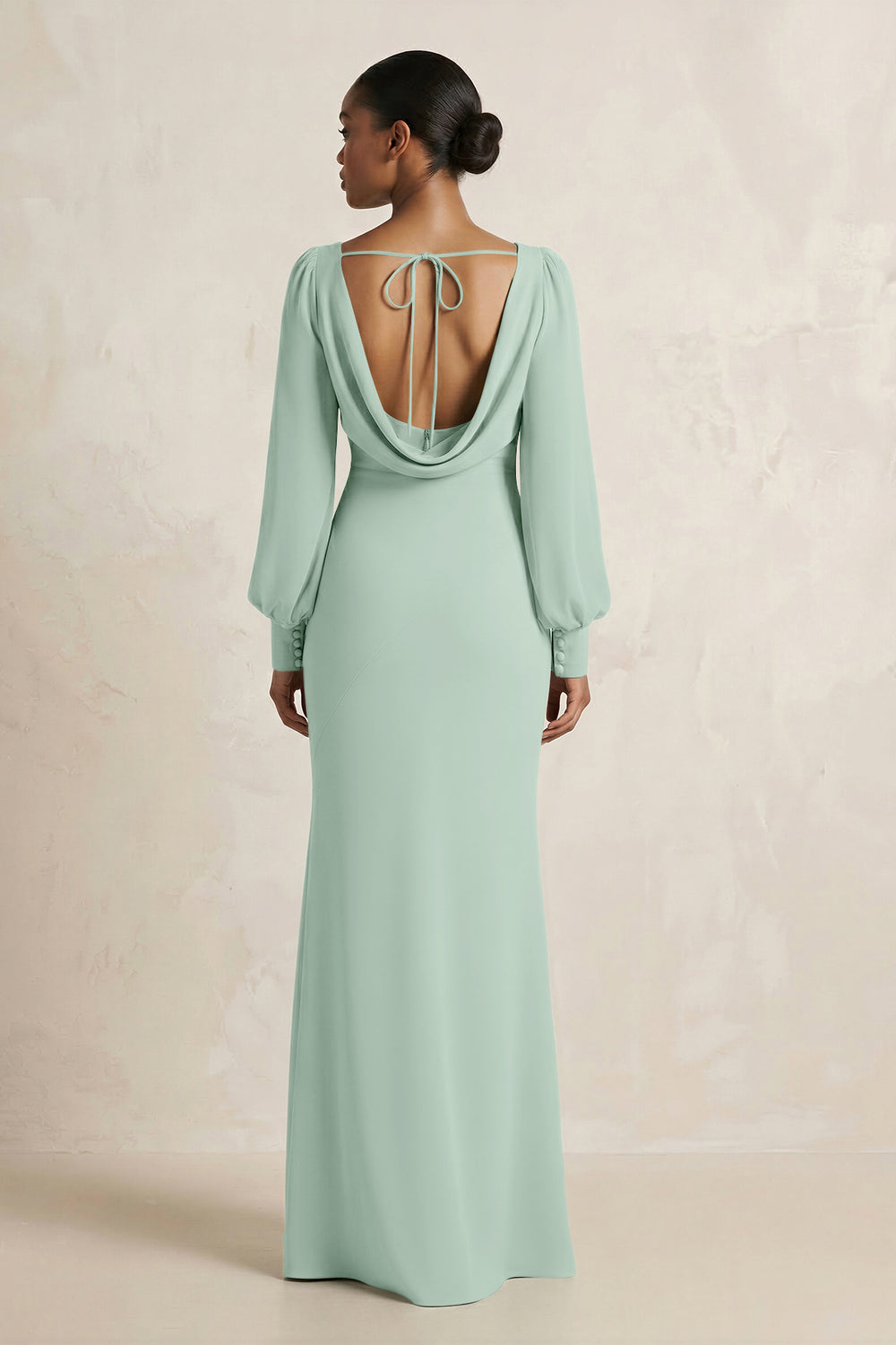 Long Sleeve V-Neck Sheath Chiffon Bridesmaid Dress in Sage