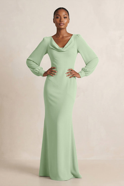 Long Sleeve V - Neck Sheath Chiffon Bridesmaid Dress in Sage - SHE IS ME Bridesmaid Dresses