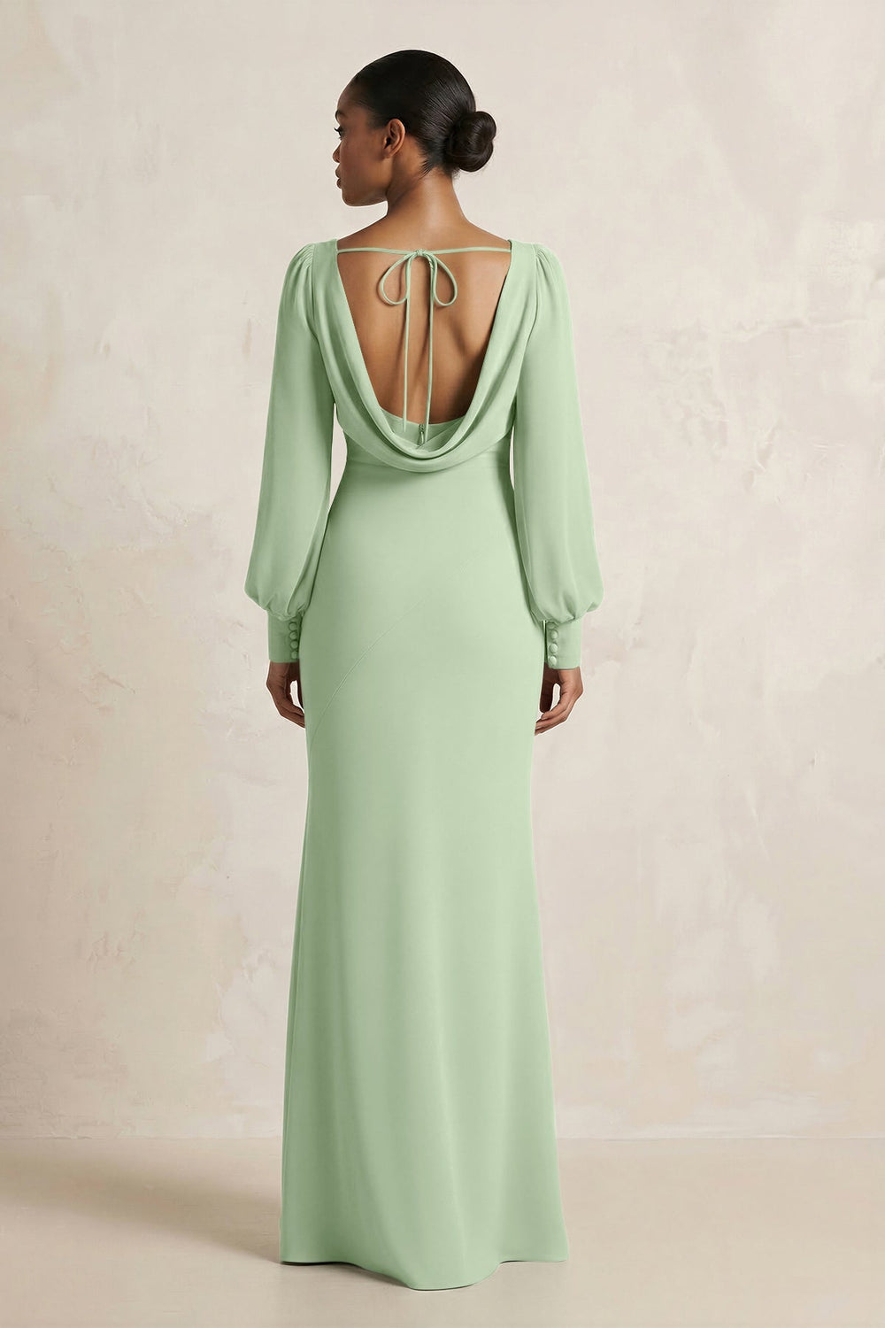 Long Sleeve V - Neck Sheath Chiffon Bridesmaid Dress in Sage - KISS BRIDAL Bridesmaid Dresses