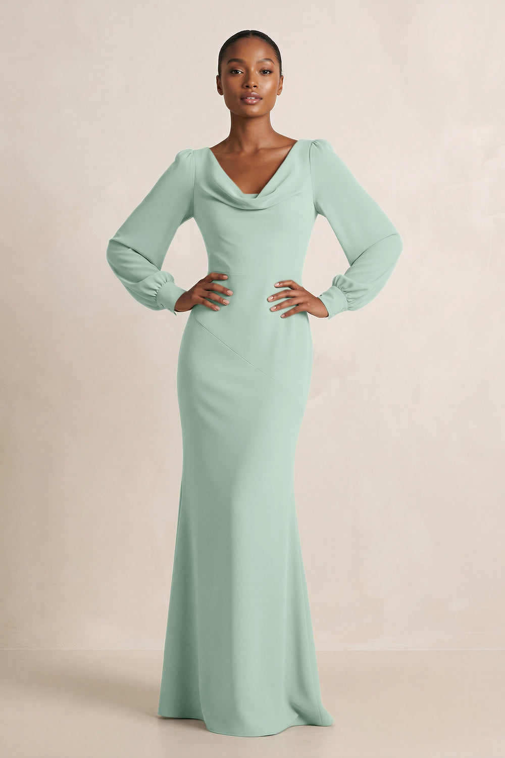 Long Sleeve V-Neck Sheath Chiffon Bridesmaid Dress in Sage