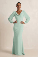 Long Sleeve V-Neck Sheath Chiffon Bridesmaid Dress in Sage | KISSBRIDAL