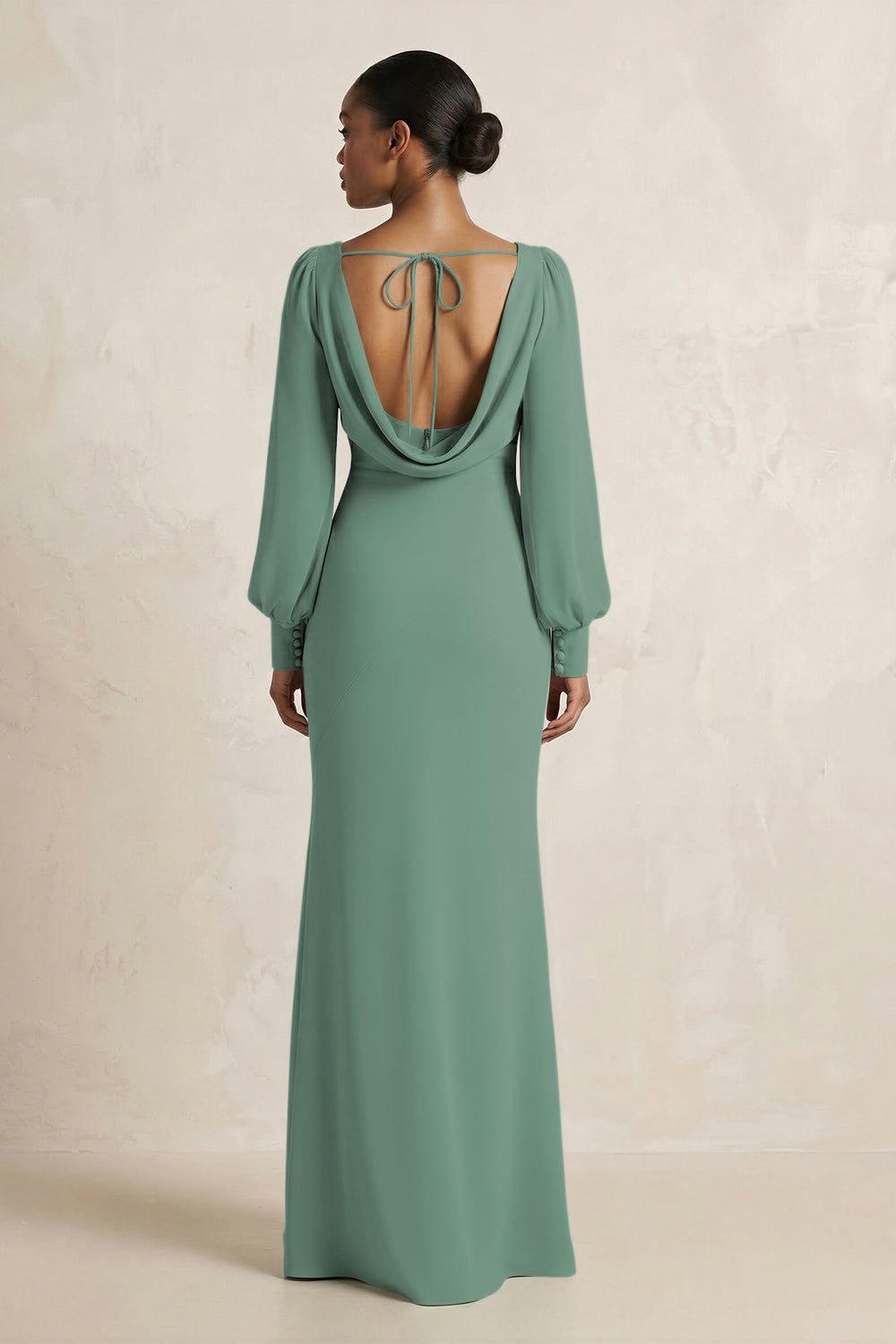 Long Sleeve V-Neck Sheath Chiffon Bridesmaid Dress in Sea Glass