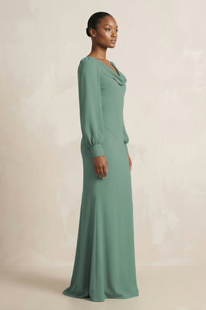 Long Sleeve V-Neck Sheath Chiffon Bridesmaid Dress in Sea Glass (3) | KISSBRIDAL