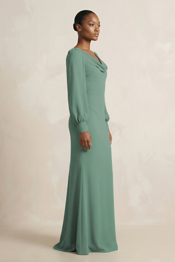 Long Sleeve V-Neck Sheath Chiffon Bridesmaid Dress in Sea Glass (3) | KISSBRIDAL