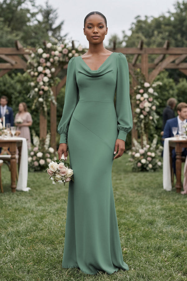 Long Sleeve V-Neck Sheath Chiffon Bridesmaid Dress in Sea Glass (4) | KISSBRIDAL