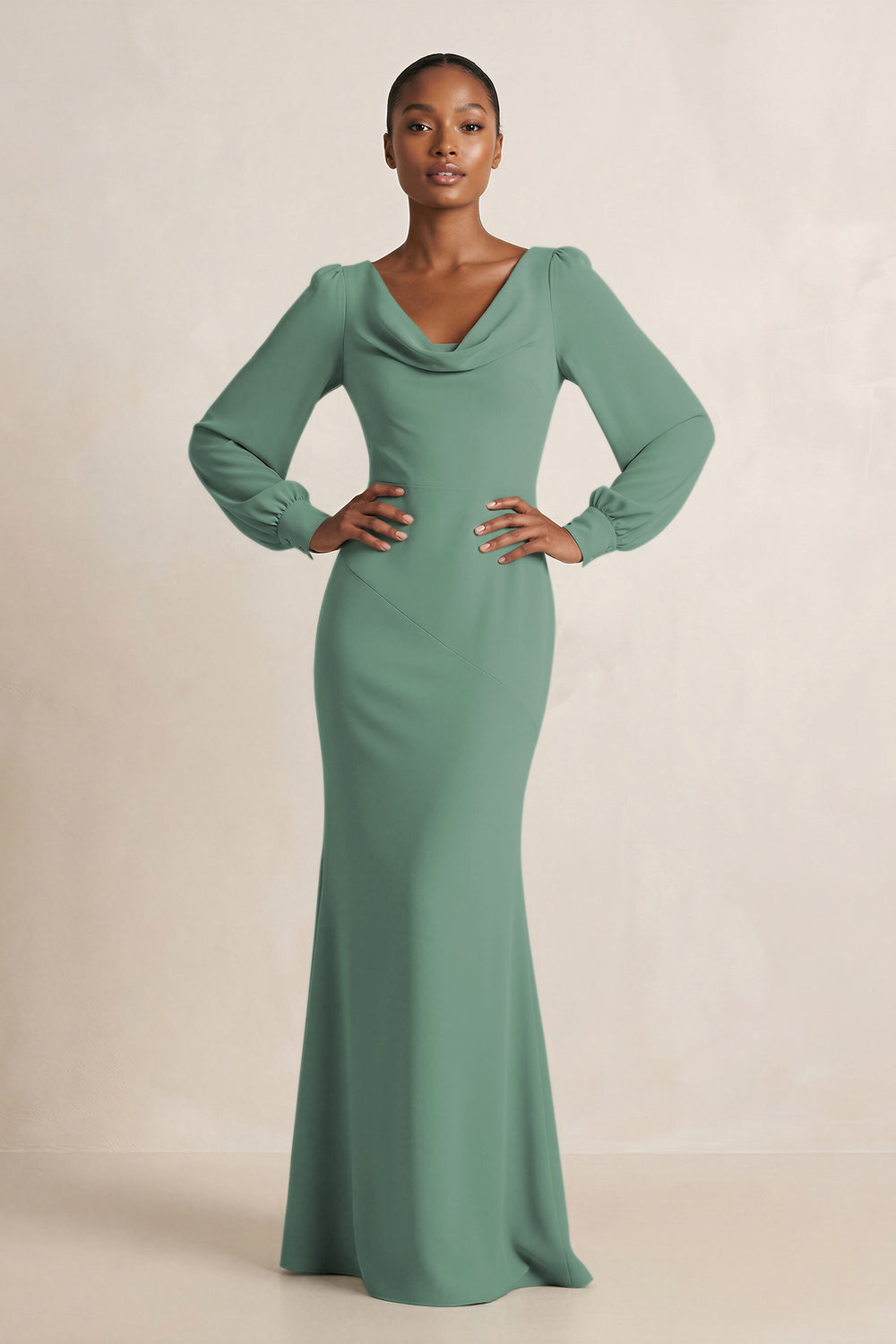 Long Sleeve V-Neck Sheath Chiffon Bridesmaid Dress in Sea Glass