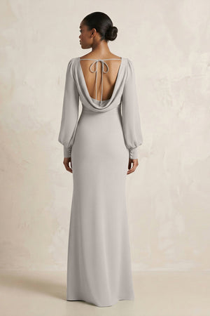 Long Sleeve V - Neck Sheath Chiffon Bridesmaid Dress in Silver - SHE IS ME Bridesmaid Dresses