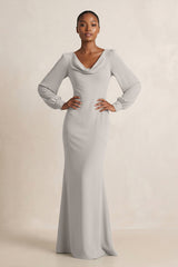 Long Sleeve V - Neck Sheath Chiffon Bridesmaid Dress in Silver - KISS BRIDAL Bridesmaid Dresses
