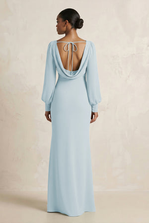 Long Sleeve V-Neck Sheath Chiffon Bridesmaid Dress in Sky Blue (2) | KISSBRIDAL