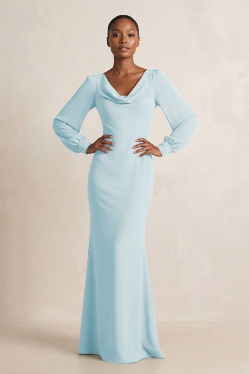 Long Sleeve V - Neck Sheath Chiffon Bridesmaid Dress in Sky Blue - SHE IS ME Bridesmaid Dresses
