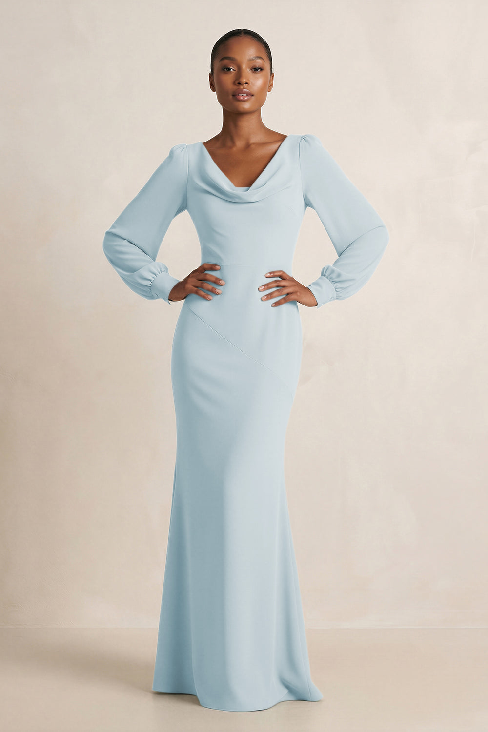 Long Sleeve V-Neck Sheath Chiffon Bridesmaid Dress in Sky Blue