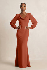 Long Sleeve V - Neck Sheath Chiffon Bridesmaid Dress in Spice - KISS BRIDAL Bridesmaid Dresses