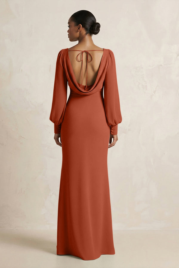 Long Sleeve V - Neck Sheath Chiffon Bridesmaid Dress in Spice - SHE IS ME Bridesmaid Dresses