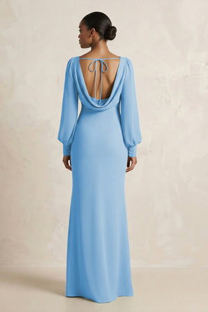 Long Sleeve V - Neck Sheath Chiffon Bridesmaid Dress in Steel Blue - SHE IS ME Bridesmaid Dresses