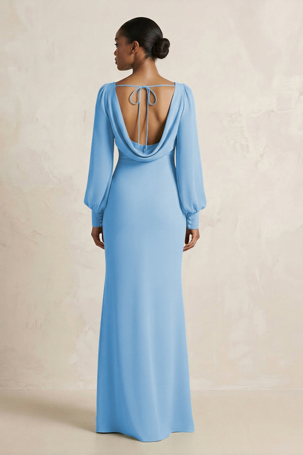 Long Sleeve V - Neck Sheath Chiffon Bridesmaid Dress in Steel Blue - SHE IS ME Bridesmaid Dresses