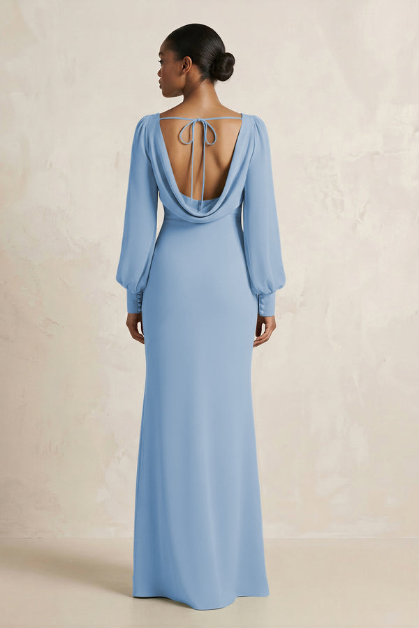 Long Sleeve V-Neck Sheath Chiffon Bridesmaid Dress in Steel Blue (2) | KISSBRIDAL