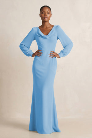 Long Sleeve V - Neck Sheath Chiffon Bridesmaid Dress in Steel Blue - SHE IS ME Bridesmaid Dresses