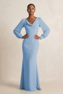 Long Sleeve V-Neck Sheath Chiffon Bridesmaid Dress in Steel Blue | KISSBRIDAL