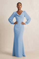 Long Sleeve V-Neck Sheath Chiffon Bridesmaid Dress in Steel Blue | KISSBRIDAL