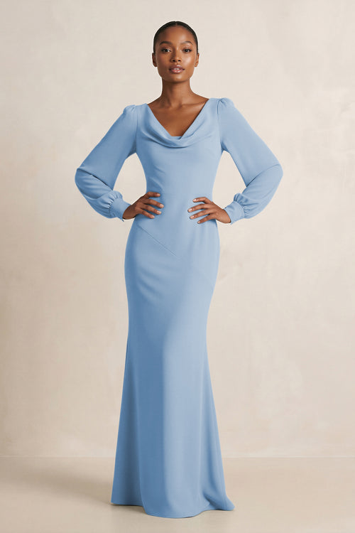 Long Sleeve V-Neck Sheath Chiffon Bridesmaid Dress in Steel Blue | KISSBRIDAL
