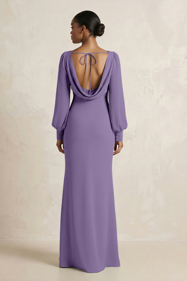 Long Sleeve V-Neck Sheath Chiffon Bridesmaid Dress in Tahiti (2) | KISSBRIDAL